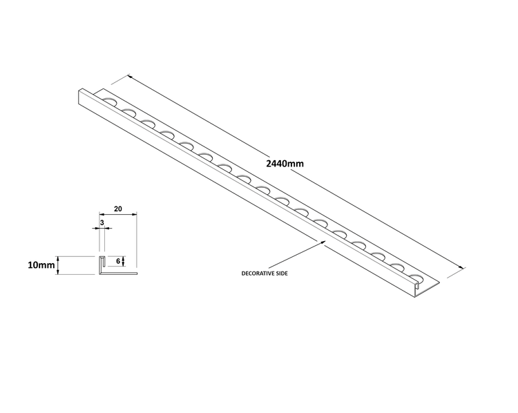 Technische Zeichnung eines 2440 mm langen Profils mit dekorativer Seite