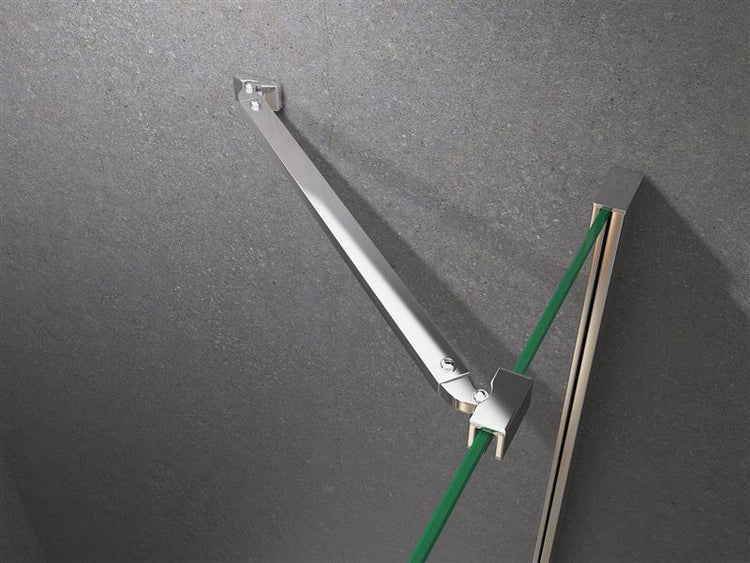 Detailansicht einer Duschkabine mit Stützarm zur Stabilisierung der Glaswand