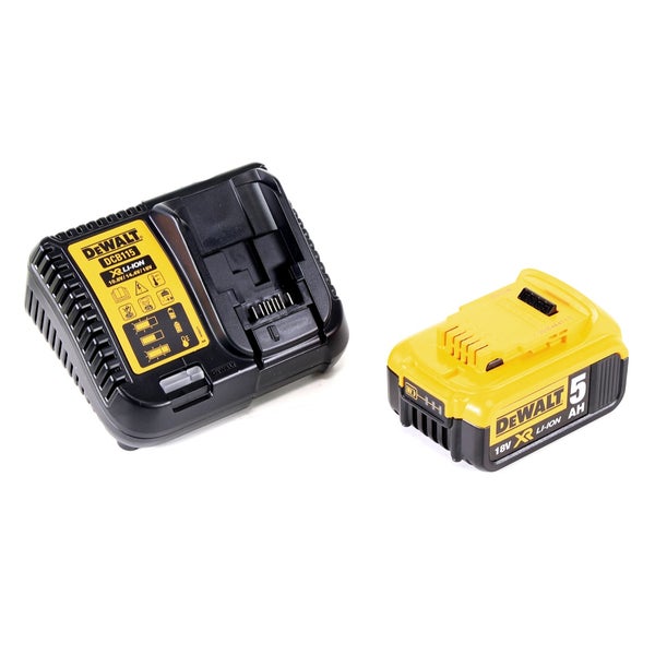 DeWalt Akku-Starter-Set mit einem 18 Volt 5 Amperestunden Lithium-Ionen-Akku und dem Schnellladegerät DCB115.