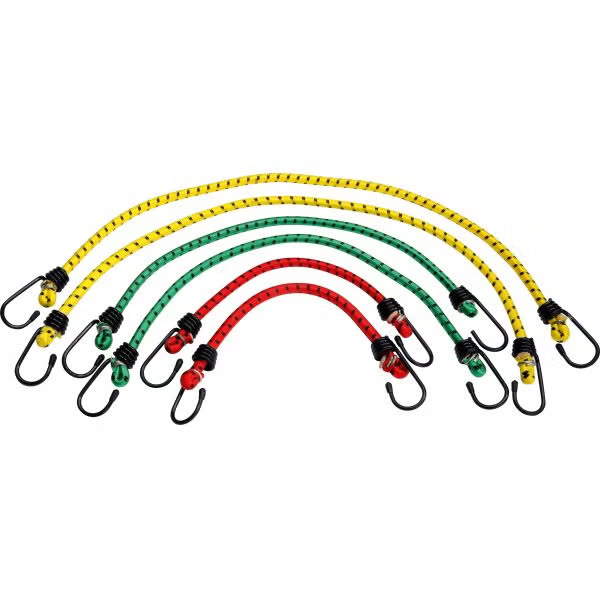 Set aus sechs verschieden langen Spanngummis mit Metallhaken zur Ladungssicherung.