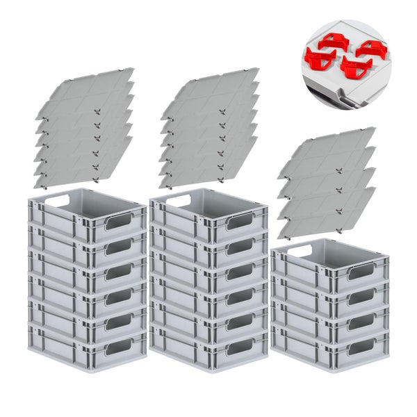 PROREGAL Spar Set 16x Eurobox Nextgen Economy Mit Auflagedeckel & 4x Schiebeschnappverschlüsse Rot Griffe Offen HxBxT 12 x 30 x 40 cm 11 Liter