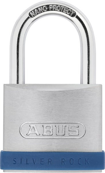 ABUS Vorhängeschloss Silver Rock aus Zink mit Nano Protect Bügel und blauem Kantenschutz.