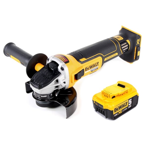 DeWalt Akku-Winkelschleifer 18 Volt mit bürstenlosem Motor, Zusatzhandgriff, Schutzhaube und passendem Lithium-Ionen-Akku.