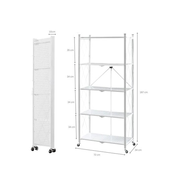 Zusammenklappbares Regal mit vier Böden und Rollen, geöffnete und zusammengeklappte Ansicht mit Maßangaben