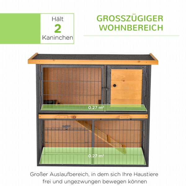 PawHut Hasenstall 2 Ebenen Kaninchenstall aus Vollholz Doppelstockhaus mit verschließbarer Tür 89,5 x 45 x 81 cm Kaninchenkäfig Kleintierstall für Hasen Kaninchen Hasenkäfig für Outdoor Hellgelb