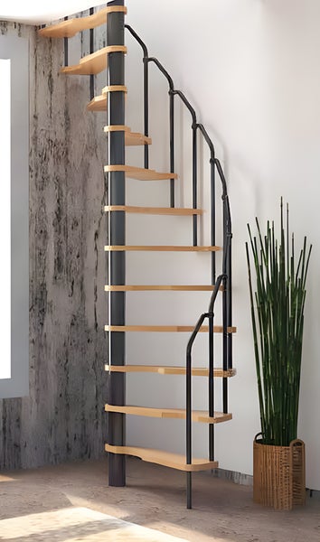 HandyStairs platzsparende Wendeltreppe „Radius“ – 140x70 cm – 299 cm hoch – 12 Buchenstufen – Grau