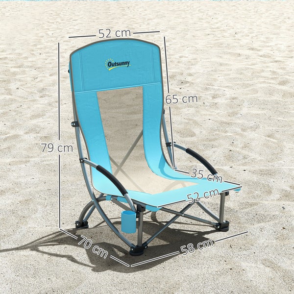 Outsunny Strandstuhl mit Maßen: Höhe 79 Zentimeter, Breite 58 Zentimeter, Tiefe 70 Zentimeter. Faltbar mit Netzrücken, Getränkehalter und Outsunny Logo.