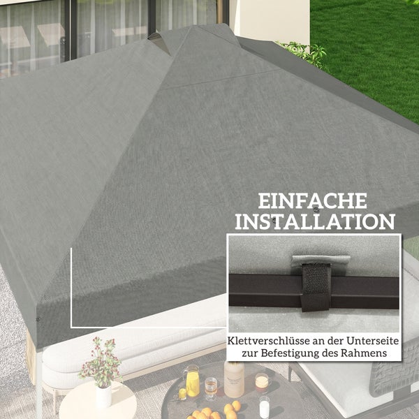 Pavillondach mit Klettverschlüssen an der Unterseite zur einfachen Befestigung am Rahmen auf einer Terrasse.