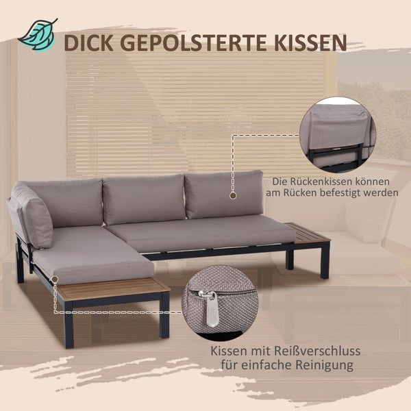 Outsunny 3-teiliges Gartenmöbel-Set mit Beistelltisch, Sofa mit Kissen, Outdoor, Aluminium, 164 x 74 x 69 cm