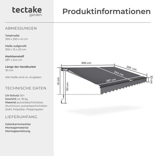 Gelenkarmmarkise tectake Ornella inkl. Wandhalterung verschiedene Größen schwarz