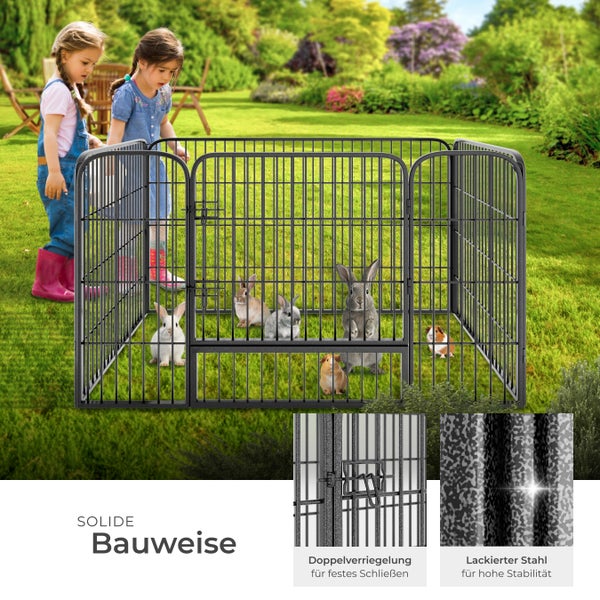 Freilaufgehege aus Stahl mit Kaninchen und Meerschweinchen im Garten
