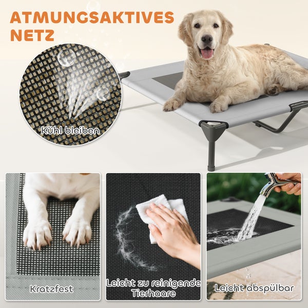 Hund liegt auf atmungsaktivem Hundebett mit Netzstruktur, das kratzfest, leicht zu reinigen und abspülbar ist.