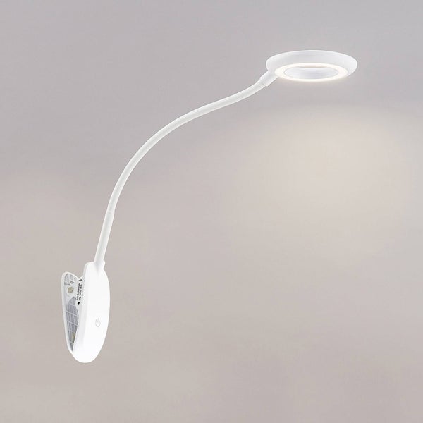 Weiße LED-Klemmleuchte mit flexiblem Schwanenhals, ringförmigem Leuchtkopf und Clip-Fuß mit Touch-Schalter.