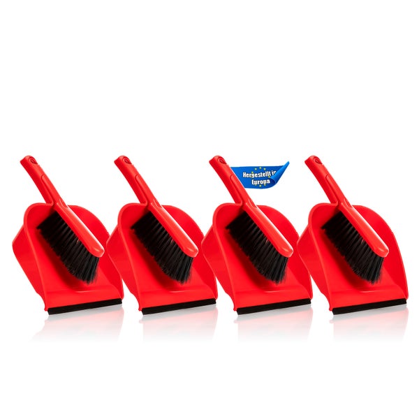 Mehrere rote Kehrgarnituren mit dem Siegel Hergestellt in Europa