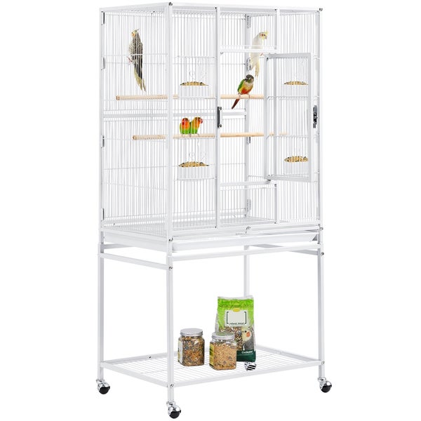 Vogelkäfig mit Ständer, Futter und mehreren Vögeln