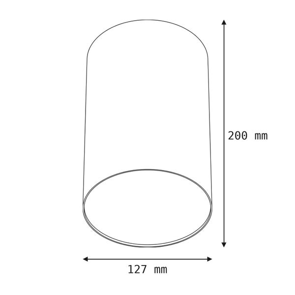 Technische Zeichnung eines zylindrischen Lampenschirms mit einer Höhe von 200 Millimeter und einem Durchmesser von 127 Millimeter.