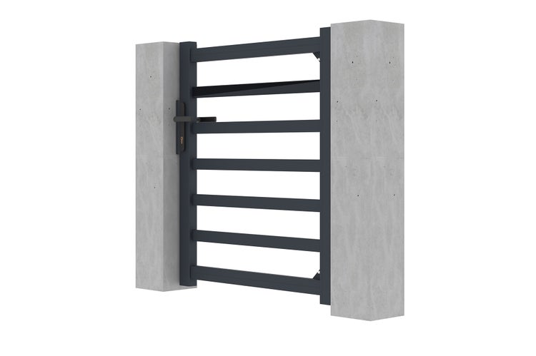 Modernes Gartentor aus Metall mit horizontalen Streben, Drückergarnitur und Schloss, montiert zwischen zwei Pfeilern in Betonoptik.