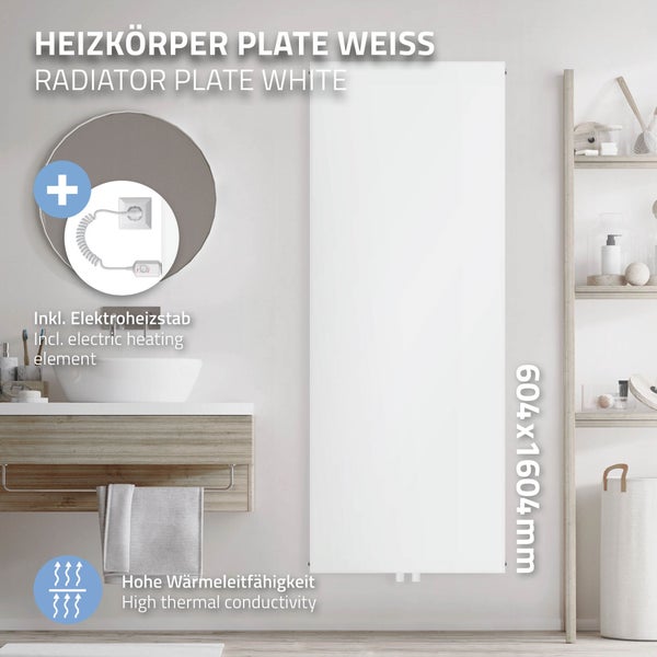 ML-Design Elektrischer Badheizkörper 1600x604mm Weiß Flach Einlagig mit Heizstab 1200W Design Heizkörper mit Mittelanschluss Vertikal Planheizkörper glatte Vorderseite Paneelheizkörper Flachheizkörper