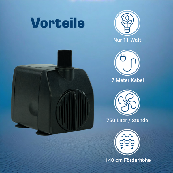 Zimmerbrunnenpumpe mit Vorteilen: 11 Watt Leistung, 7 Meter Kabellänge, 750 Liter pro Stunde Fördermenge und 140 Zentimeter Förderhöhe.