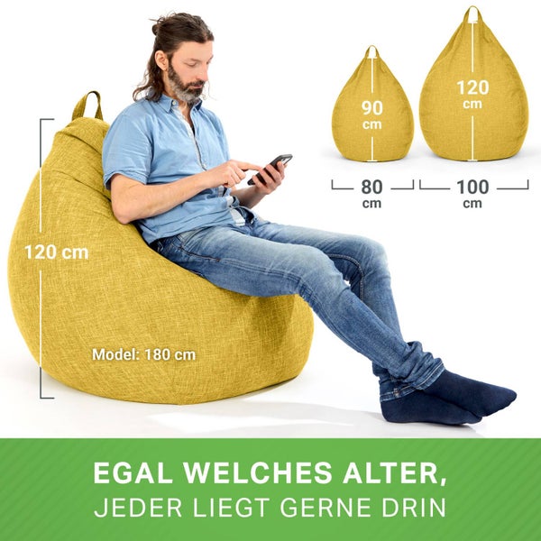 Green Bean Indoor Sitzsack mit 200 Liter mit EPS-Perlen Füllung Kuschelig Weich Waschbar - Drinnen Stoff Bodenkissen Liegekissen Sitzkissen Lounge - Gelb