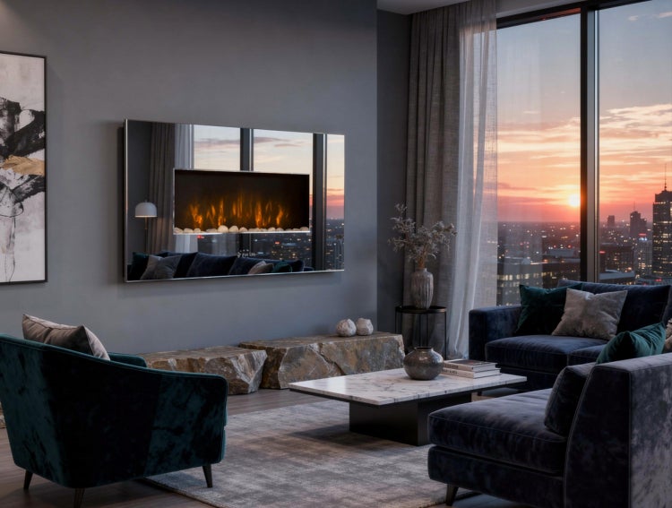 Wohnzimmer mit elektrischem Kamin, Couchgarnitur und großem Fenster mit Stadtblick