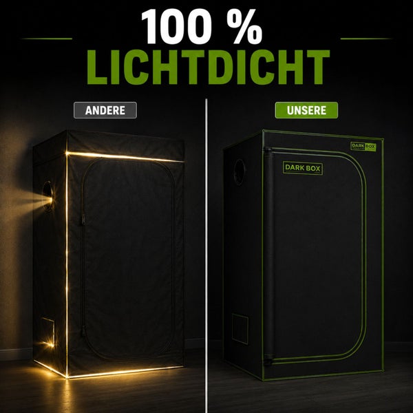 Vergleich zweier Growboxen: links mit Lichtdurchlässigkeit an den Nähten, rechts die 100 Prozent lichtdichte Dark Box mit Dark Box Logo.