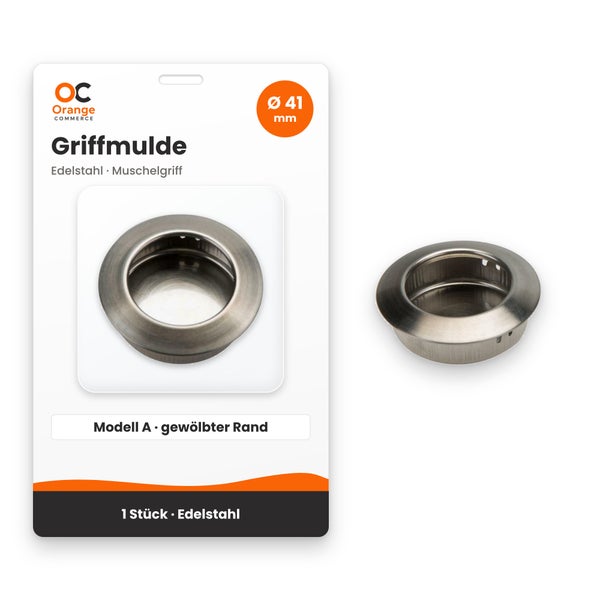 Runde Griffmulde aus Edelstahl, Modell A mit gewölbtem Rand, Durchmesser 41 Millimeter, in SB Verpackung mit Orange Commerce Logo