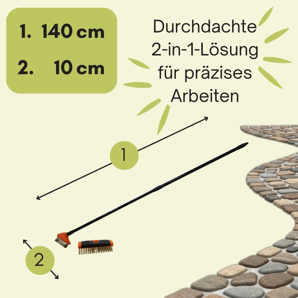 Darstellung einer 2-in-1-Lösung für präzises Arbeiten mit einer Länge von 140 cm und einer Breite von 10 cm.