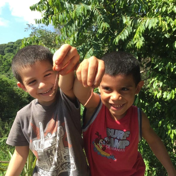 Zwei Jungen halten einen Regenwurm in ihren Händen