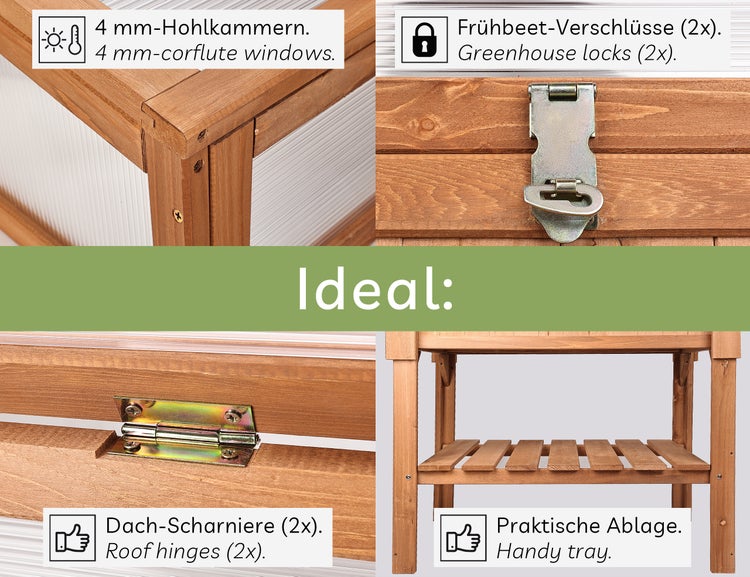 needs&wants® Großes Hochbeet mit Frühbeet-Aufsatz Abdeckung aus Holz für Garten Balkon, Pflanzbeet mit Gewächshaus Frühbeetkasten mit Deckel Dach Haube Ablage Pflanzkasten, 90 x 60 x 118 cm, braun
