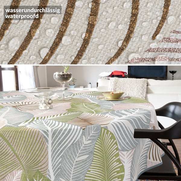 Wasserdichte Tischdecke mit Blätter Muster auf Esstisch.
