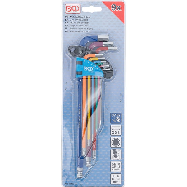 BGS Winkelschlüssel-Satz Multicolour extra lang Innensechskant, Innensechskant mit Kugelkopf 1,5 - 10 mm 9tlg. - 74453