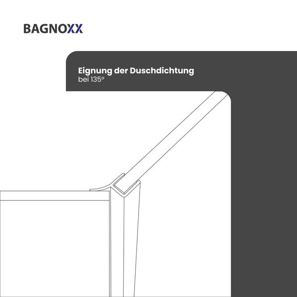 Bagnoxx Logo und Diagramm zur Eignung der Duschdichtung bei einem Winkel von 135 Grad.