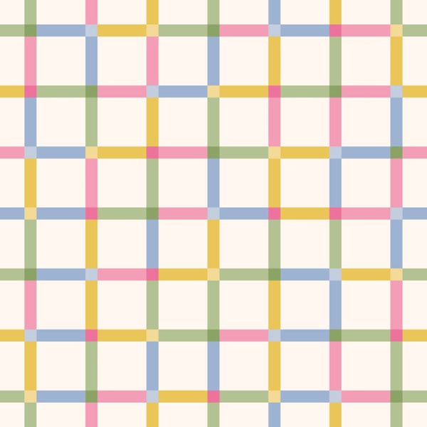 Tapete mit buntem Karomuster aus horizontalen und vertikalen Linien.