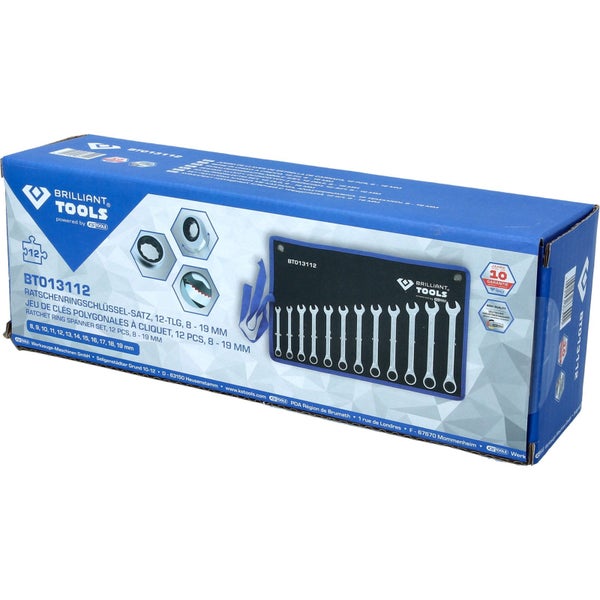 Brilliant Tools Ratschenringschlüssel Satz, 12-teilig, 8 bis 19 Millimeter in Verpackung