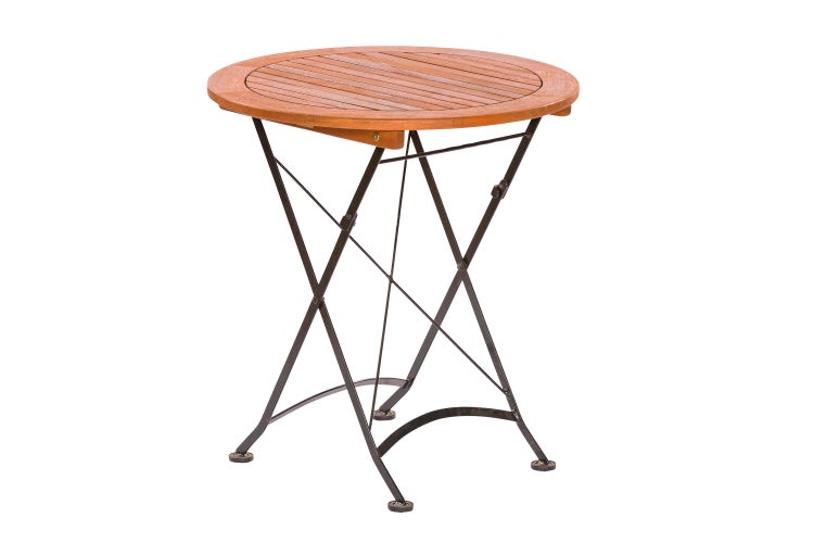 Runder Gartentisch aus Holz mit klappbarem Metallgestell