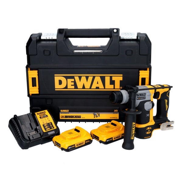 DeWalt Akku-Kombihammer Set bestehend aus einem Bohrhammer, zwei 18 Volt Akkus, einem Ladegerät und einem Transportkoffer.