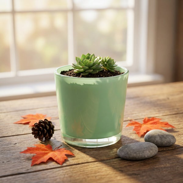 Sukkulente in einem Übertopf aus Glas auf einem Holztisch mit herbstlicher Dekoration.