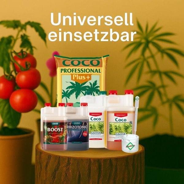 Universell einsetzbares CANNA Pflanzenpflege Set mit Coco Professional Plus Substrat, Boost Accelerator, Rhizotonic und Coco Flüssigdünger.