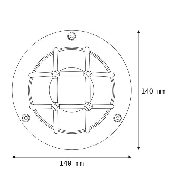 Technische Zeichnung einer runden Wandleuchte mit Schutzgitter und einem Durchmesser von 140 Millimeter.