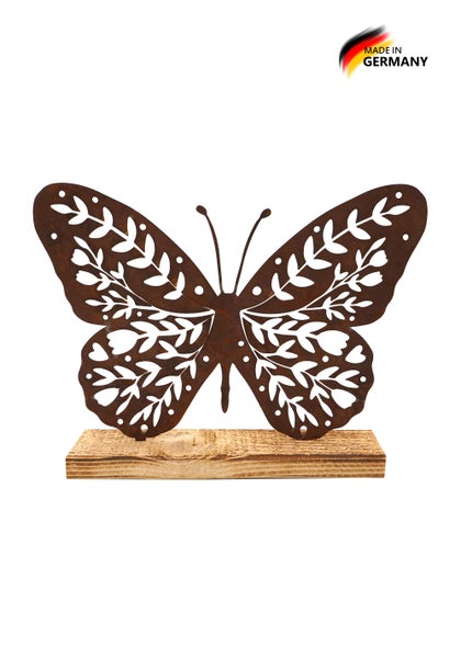 Deko Schmetterling aus Edelrost auf Holzsockel, Made in Germany