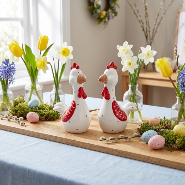 Zwei Keramik Hühner als österliche Tischdekoration mit Blumenvasen, Moos und bunten Ostereiern auf einem Holzbrett.