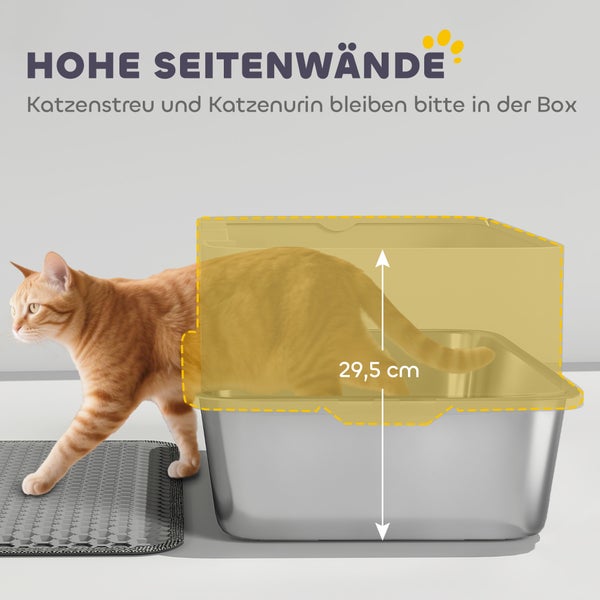 Katzentoilette aus Edelstahl mit hohen Seitenwänden, Gesamthöhe 29,5 Zentimeter, inklusive Katze und Vorleger.