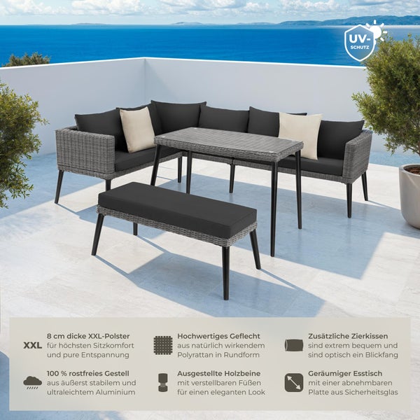 Rattan Lounge tectake Pula mit Sicherheitsglasplatte mit Aluminiumgestell grau