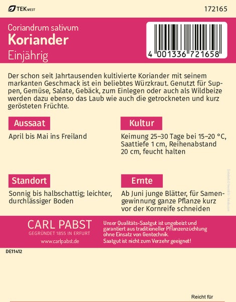 Rückseite einer Samentüte für Koriander mit Hinweisen zu Aussaat, Kultur, Standort und Ernte. TEKWEST Logo und Carl Pabst Logo.