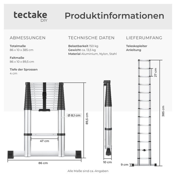 tectake Logo. Produktinformationen zur Teleskopleiter aus Aluminium mit Abmessungen in Zentimetern im gefalteten und ausgefahrenen Zustand.