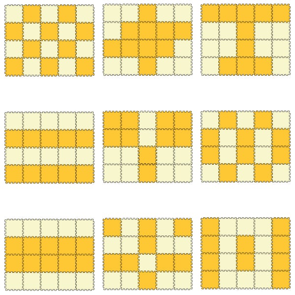 Neun verschiedene Verlegemuster für quadratische Puzzlematten mit Verzahnung für den Boden.