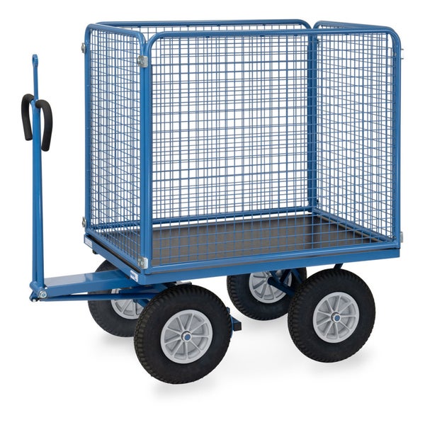 Handwagen mit Gitterwänden und vier Luftreifen.