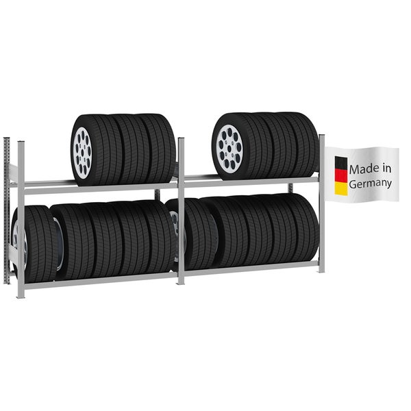 Zweistufiges Reifenregal aus Metall für die Lagerung von Autoreifen, hergestellt in Deutschland.