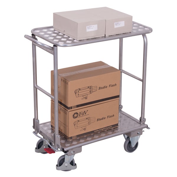 Transportwagen aus Aluminium mit zwei Ebenen und Ware